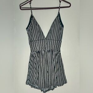 Black and White Striped V-Neck Romper